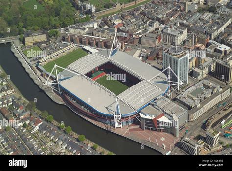 Aerial view the Millennium Stadium in Cardiff, Wales which is used for rugby union, football ...