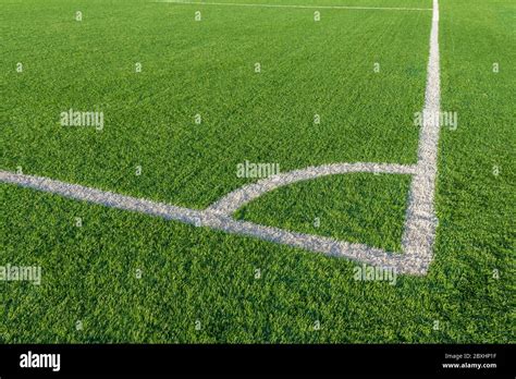 Green grass and white border lines on football ground. Soccer field on ...