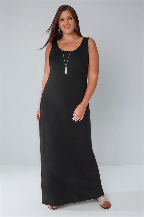 Black Plain Sleeveless Jersey Maxi Dress, Plus size 16 to 36