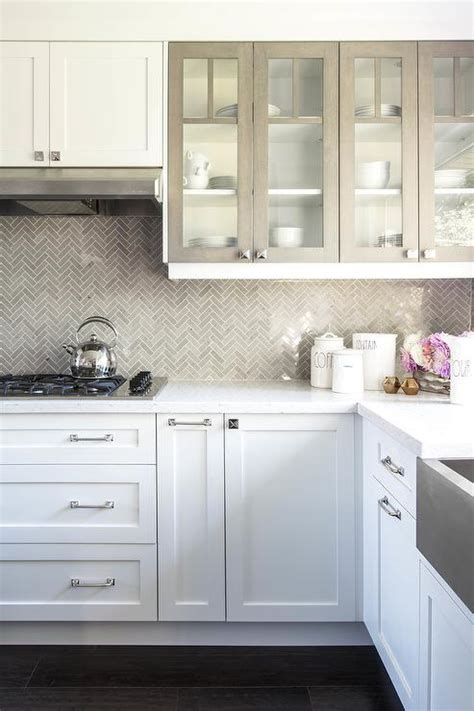 White Kitchen Cabinets with Gray Framed Glass Doors - Transitional - Kitchen