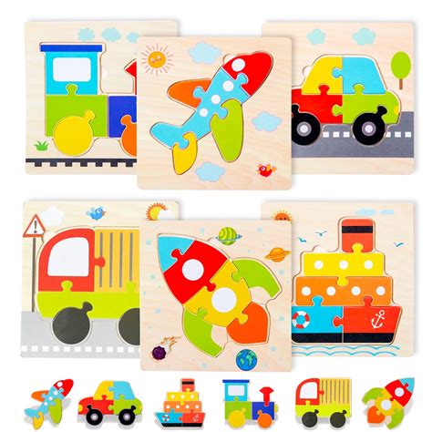 Wooden Toddler Puzzles Gifts Toys for 1 2 3 Years Old Boys Girls, 6 Vehicle Shape Montessori ...