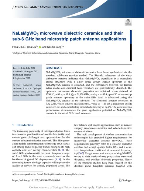 NaLaMgWO6 microwave dielectric ceramics and their sub-6 GHz band microstrip patch antenna ...