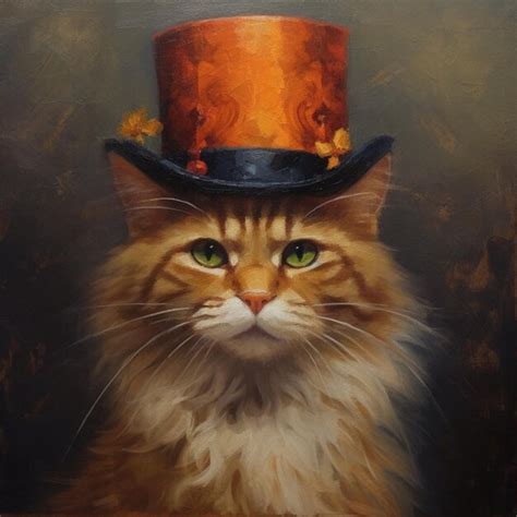 Premium AI Image | Painting of a cat wearing a top hat with a flowered top generative ai