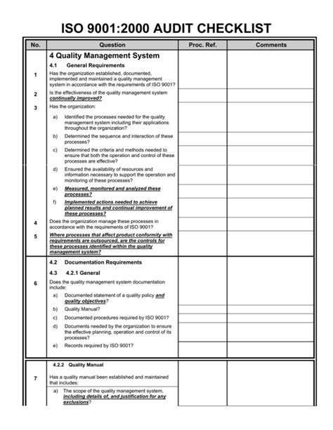 ISO 9001:2000 AUDIT CHECKLIST 4 Quality Management System No. Question