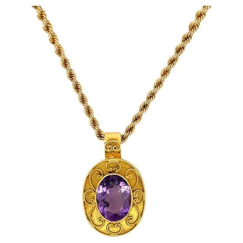 Large Oval Amethyst Yellow Gold Pendant For Sale at 1stDibs