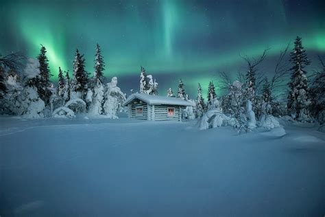 modern, architecture, nature, landscape, winter, snow, night, lights, aurorae, cabin, hotel ...