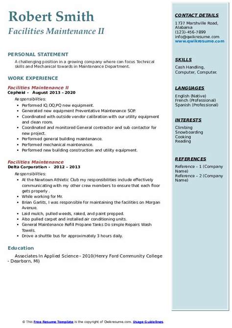 Facilities Maintenance Resume Samples | QwikResume