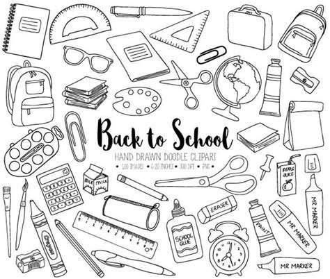 Back to School Clipart. Hand Drawn Digital School, Teacher, Student, Office Clip Art. Black ...