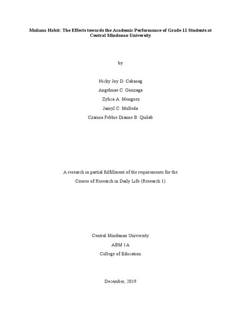 Mañana Habit The Effects Towards The Academic Performance of Grade 11 ...