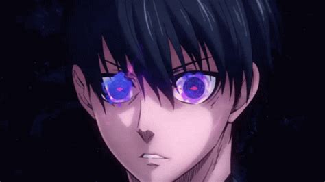 an anime character with black hair and blue eyes looks at the camera while staring into the distance