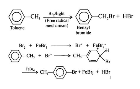 Why toluene reacts with bromine in presence of light gives benzyl ...