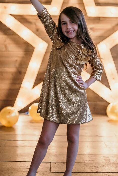 Girls Gold Sequined Sheath Dress w. Three-Quarter Sleeves 4T-12 ...