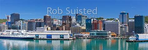 Wellington City skyline panorama from a Cook Strait ferry departing the capital city. MV Orion ...