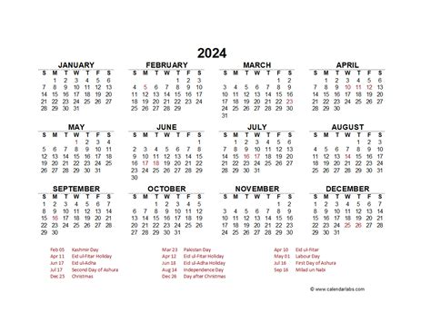 2024 Year at a Glance Calendar with Pakistan Holidays - Free Printable Templates