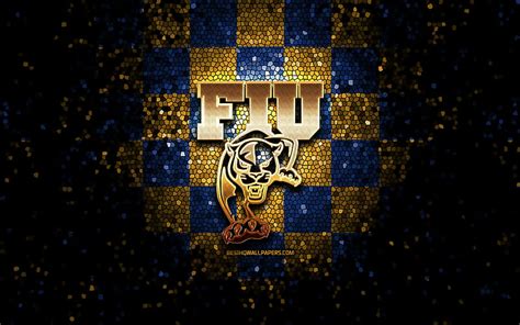 FIU Panthers, glitter logo, NCAA, blue yellow checkered background, USA ...