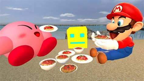 Mario and Kirby eating Spaghetti but I add Robtop by Cpendash on DeviantArt