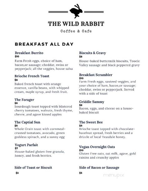 Menu of The Wild Rabbit Cafe in Torrey, UT 84775