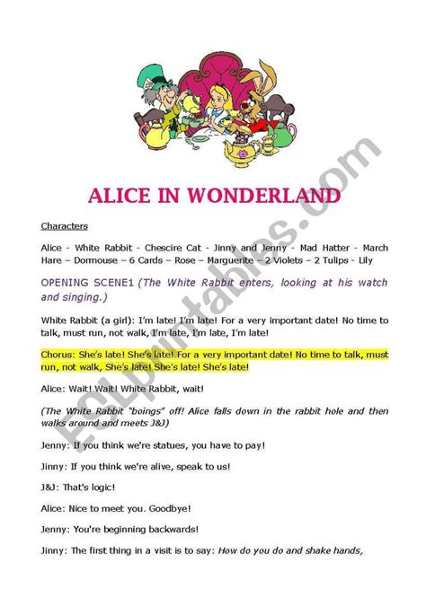 ALICE IN WONDERLAND - script for a play - ESL worksheet by DAKOTA76 ...