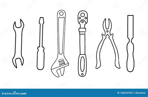 Set of 6 Flat and Simple Icons of Tools Drawing with Black Lines on White Background. Vector ...