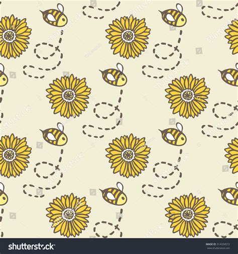 Honey Bee And Sunflower. Hand-Drawn Seamless Cartoon Pattern With Bees ...