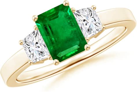 Emerald and Diamond Three Stone Ring in 14K Yellow Gold (7x5mm Emerald ...