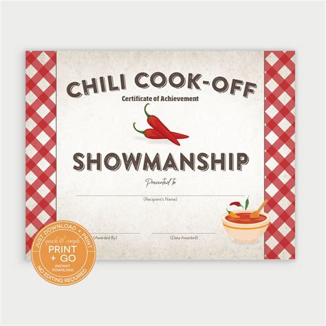 Printable Chili Cook-off Award Winner Certificate, Showmanship Chili Prize Winner Award, NO ...