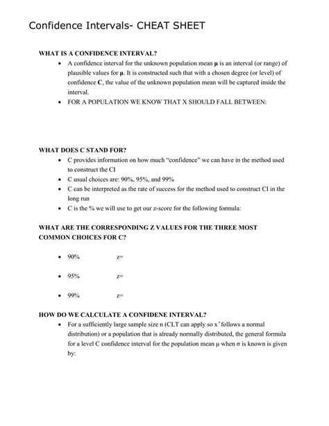 Confidence Interval Cheat Sheet