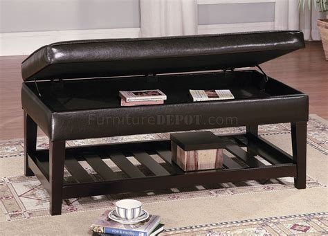 Brown Leather Top Bench Coffee Table w/Shelf & Slat Storage Base