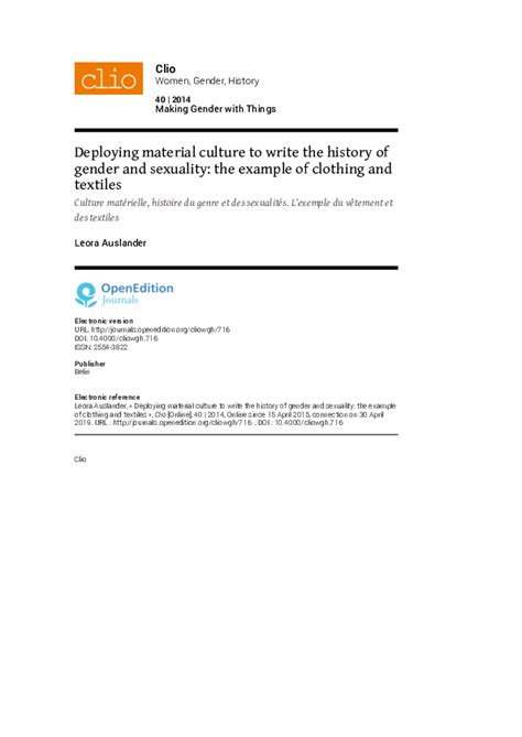 (PDF) Deploying material culture to write the history of gender and sexuality: the example of ...