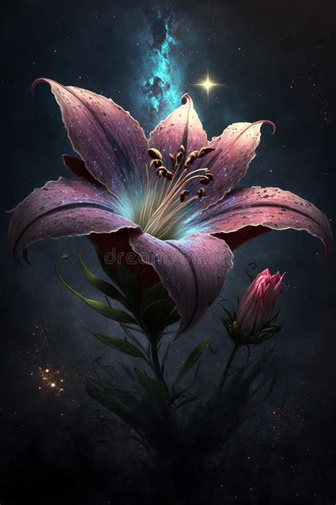 Pink Stargazer Lily Flower at Night. Beautiful Wallpaper or Home Art Stock Illustration ...