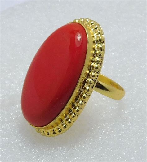 Red Coral Rings Gold Plated Handmade Big Rings Size-5.5 Gemstone ...