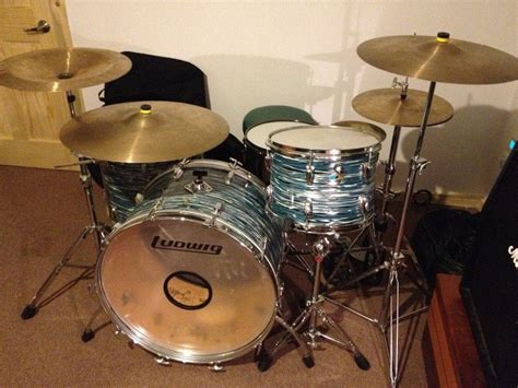 My late 70's Ludwig "Bowling Ball" kit. It has a 14x10 rack tom, 18x16 ...