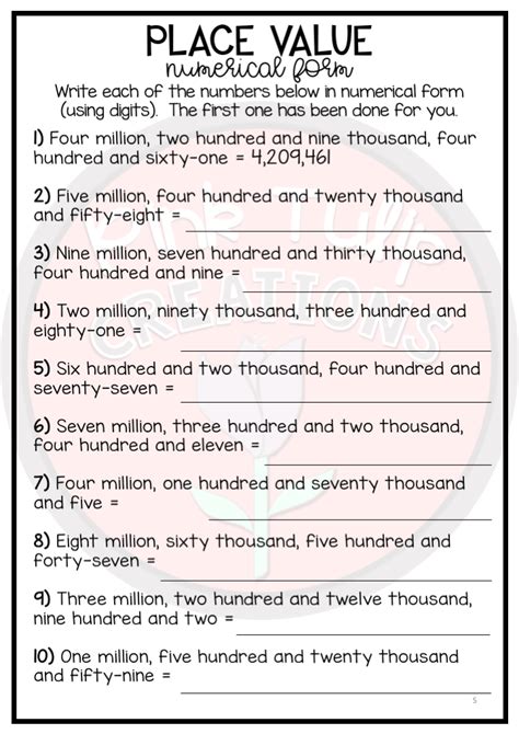 Number Place Value Worksheets 1 To Million