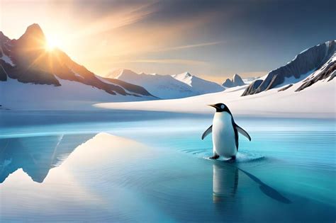 Premium AI Image | a penguin in the snow with mountains in the background