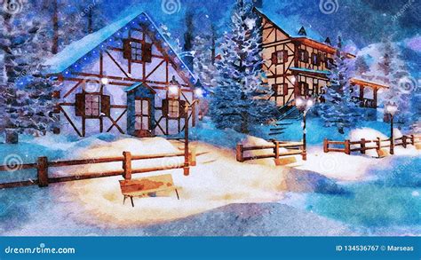 Mountain Village at Snowy Winter Night Watercolor Stock Image - Image of digital, christmas ...