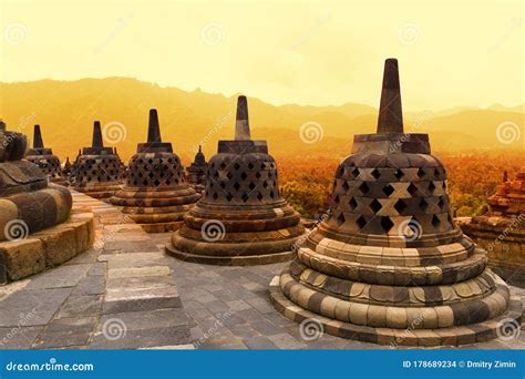 Borobudur Temple at Sunset. Ancient Stupas of Borobudur Temple Stock Photo - Image of meditation ...