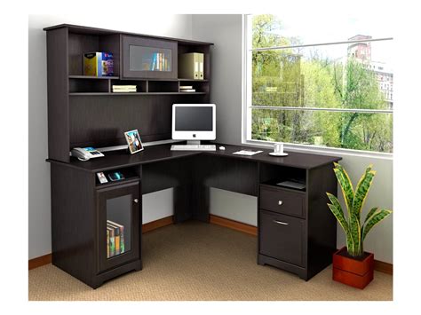 White & Black L-Shaped Computer Desks with Hutch