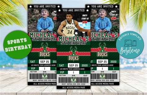 Editable Milwaukee Bucks Birthday Ticket Invitations DIY | Bobotemp