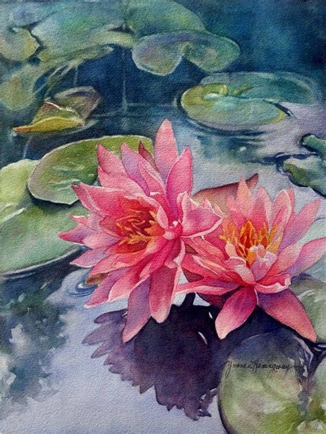 Lotus Flowers-Original Watercolor Painting-Pink Lotus con blu e verde ...