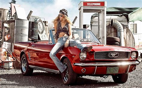 3840x2160px | free download | HD wallpaper: red Ford Mustang convertible, car, women, old car ...