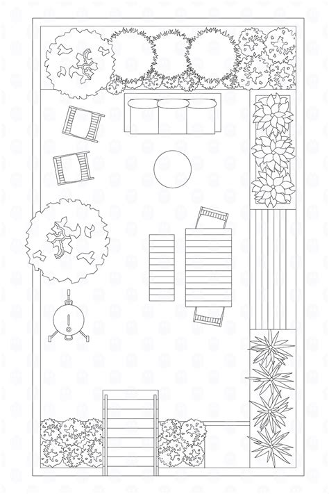 Archade | Cad Sofa, Table, Chairs, And Potted Plants In Backyard Top View Vector Drawings