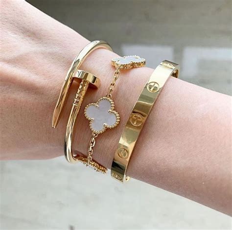 Stack: Yellow Gold Cartier Love, Juste Un Clou And Vca Alhambra Bracelet - HoooGoods | Stacked ...