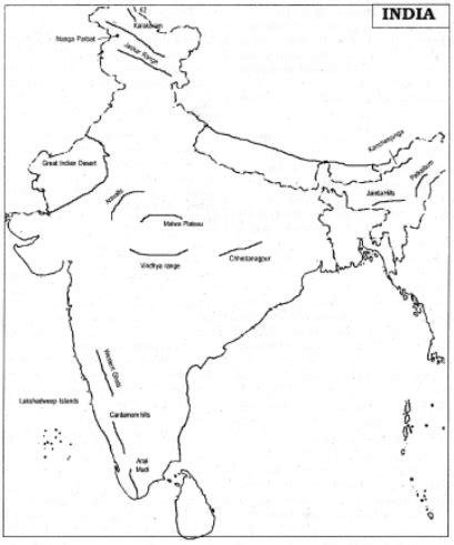 On an outline map of India show the following: 1. Mountain and hill ...