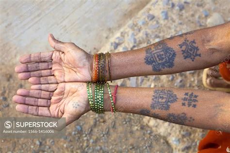 Typical tattoos on woman´s arms, Gond tribe, Gadchiroli, Maharashtra ...