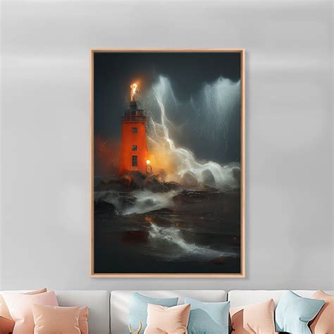 Lighthouse Oil Painting Canvas Print, Light House in a Hurricane, Dark ...