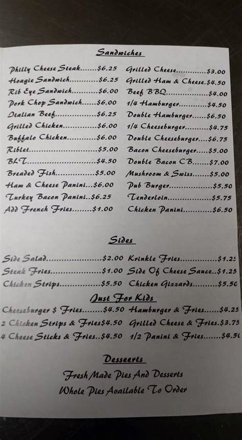 Menu at Sheila's Nut House restaurant, Pontiac