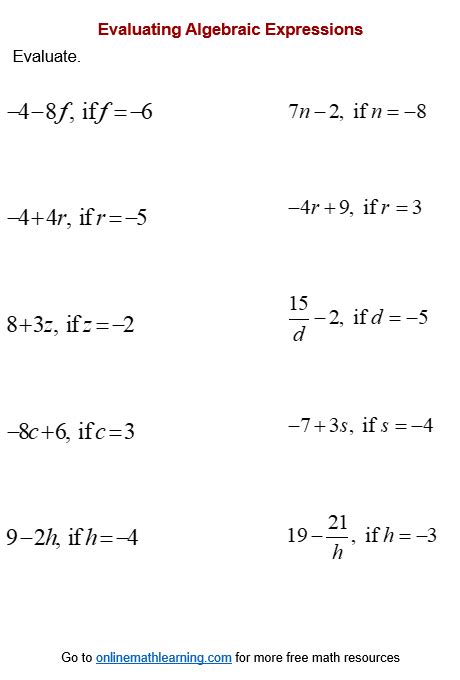 Evaluating Algebraic Expression Worksheets (printable, online, answers ...