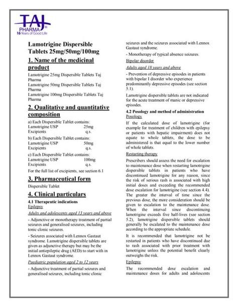 Lamotrigine Dispersible Tablets Taj Pharma SmPC | PDF