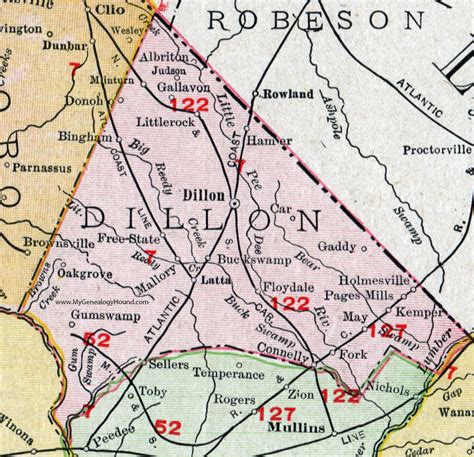 Dillon County, South Carolina, 1911, Map, Rand McNally, Latta, Floydale, Little Rock