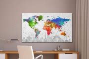 Watercolor Sightseeing Push Pin World Map Canvas Wall Art | TexelPrintArt